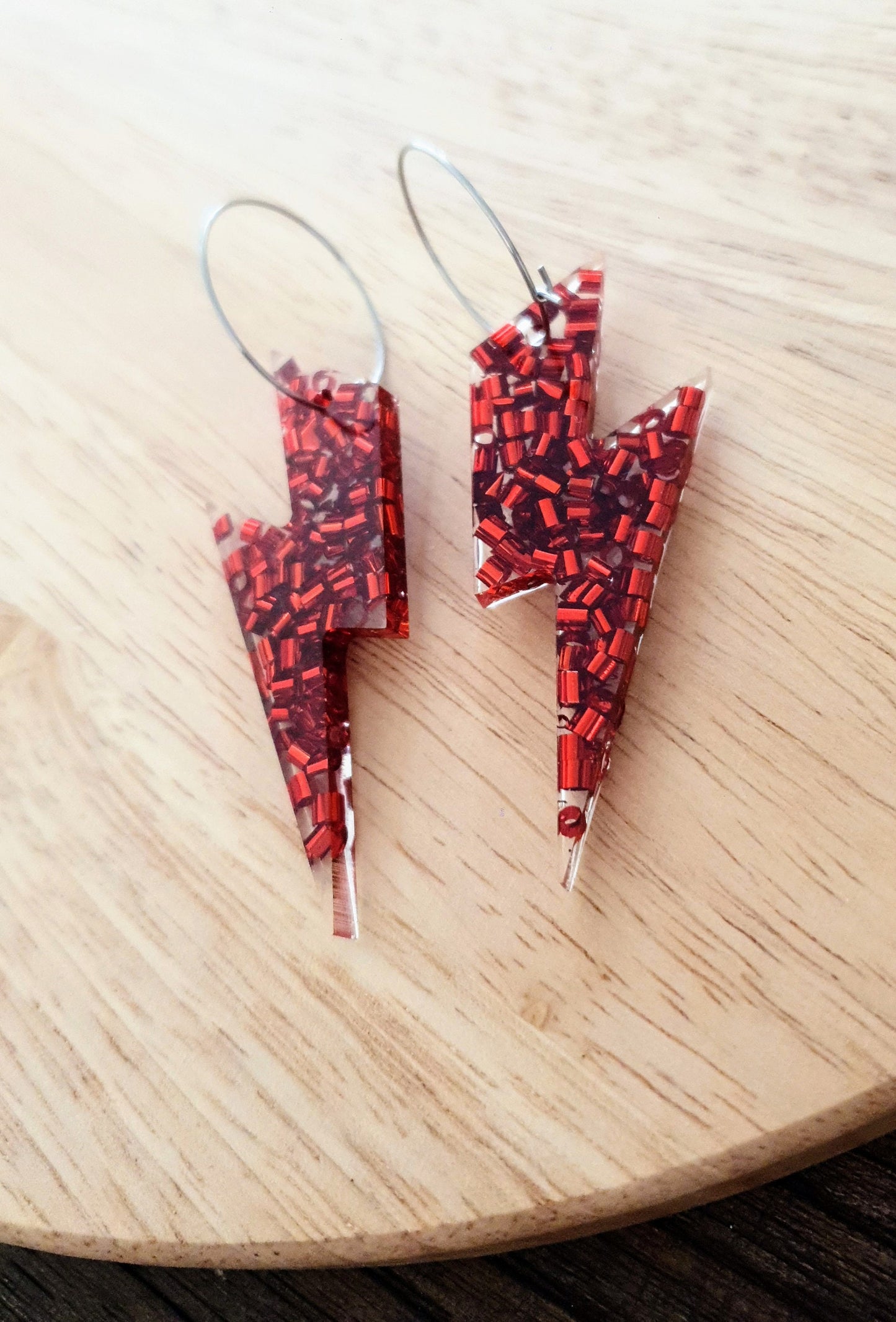 Red Lightning Bolt Hoop Earrings, Large Resin Earrings, Metalic Red Glitter Dangles, Stainless Steel Hypoallergenic Earrings