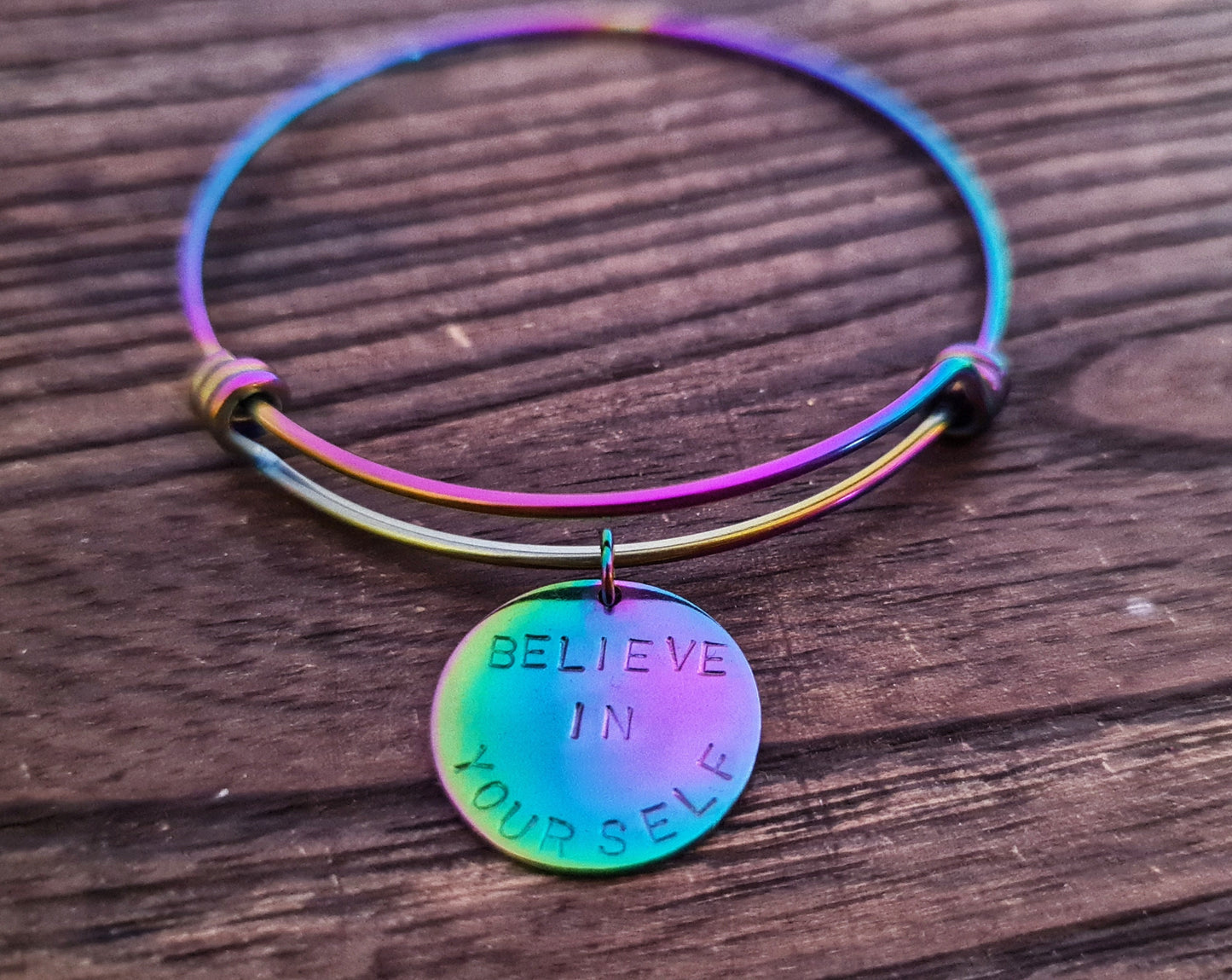 Personalised Name Charm Bangle, Rainbow Adjustable Bangle Stainless Steel, Hand Stamped Bangle with Circle Disc, Stainless Steel Anodized