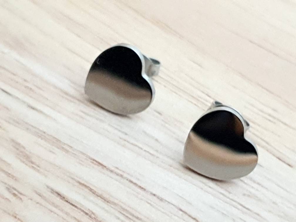 Personalised Heart Stud Earrings, Stainless Steel Hand Stamped Stud Earrings, Name or Initial Earrings. Choose Silver or Gold, 10mm