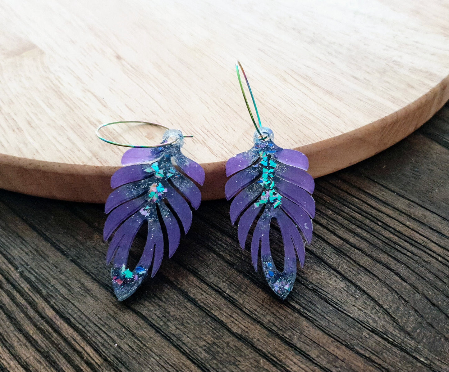 Purple Blue Long Feather Dangle Hoop Earrings, Multicoloured Glitter Resin Dangles, Statement Earrings