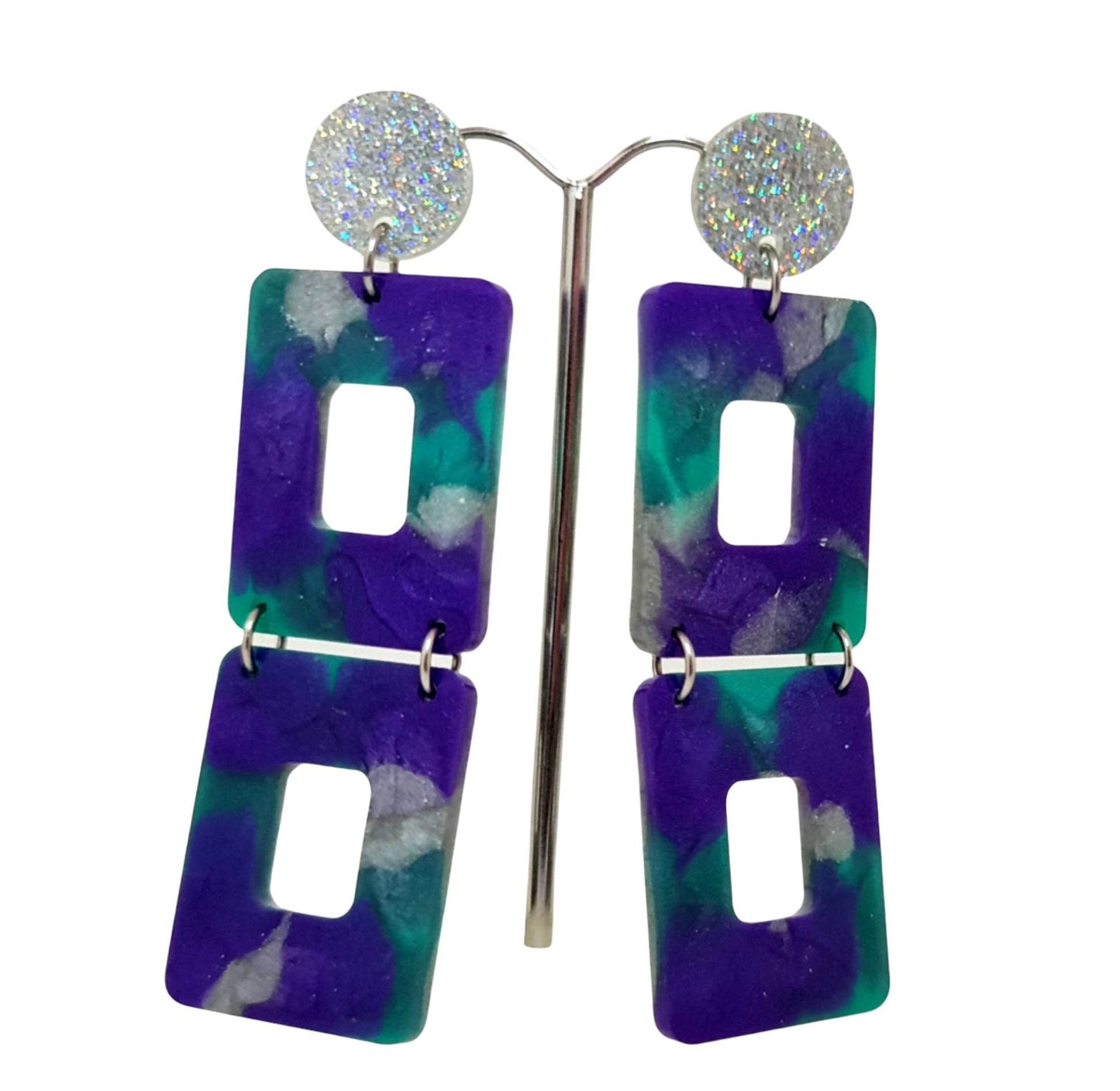Long Square Statement Glitter Earrings, Long Resin Dangles, Holographic Silver Glitter with Purple, Teal Silver Colour Earrings
