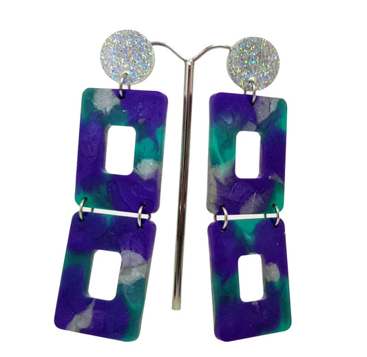 Long Square Statement Glitter Earrings, Long Resin Dangles, Holographic Silver Glitter with Purple, Teal Silver Colour Earrings