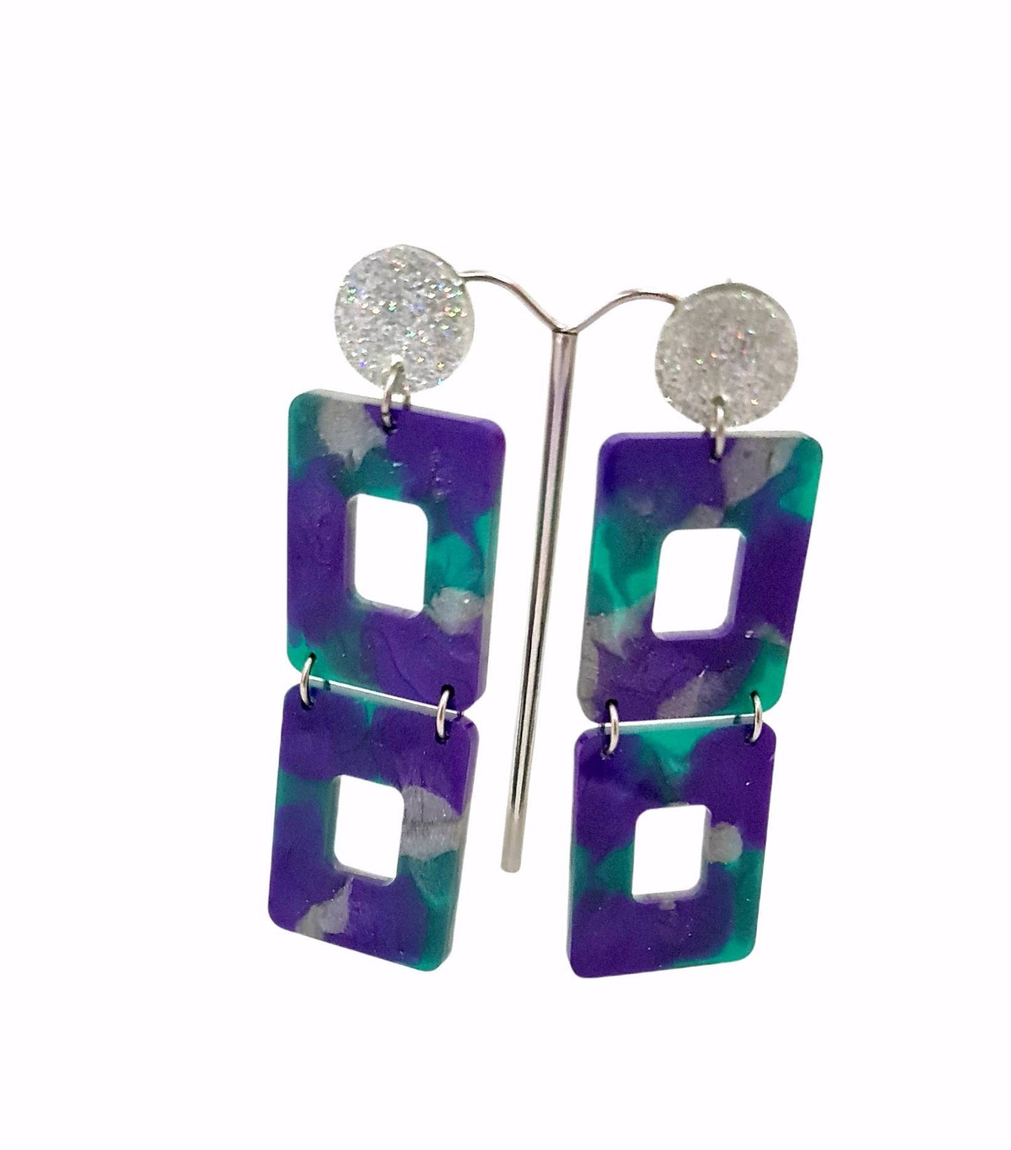 Long Square Statement Glitter Earrings, Long Resin Dangles, Holographic Silver Glitter with Purple, Teal Silver Colour Earrings