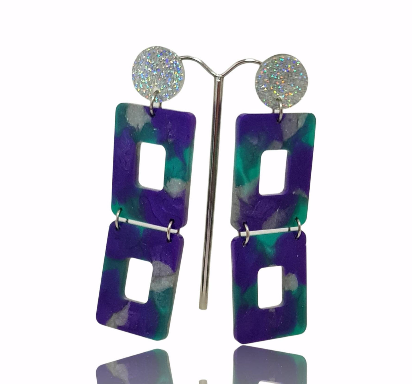 Long Square Statement Glitter Earrings, Long Resin Dangles, Holographic Silver Glitter with Purple, Teal Silver Colour Earrings