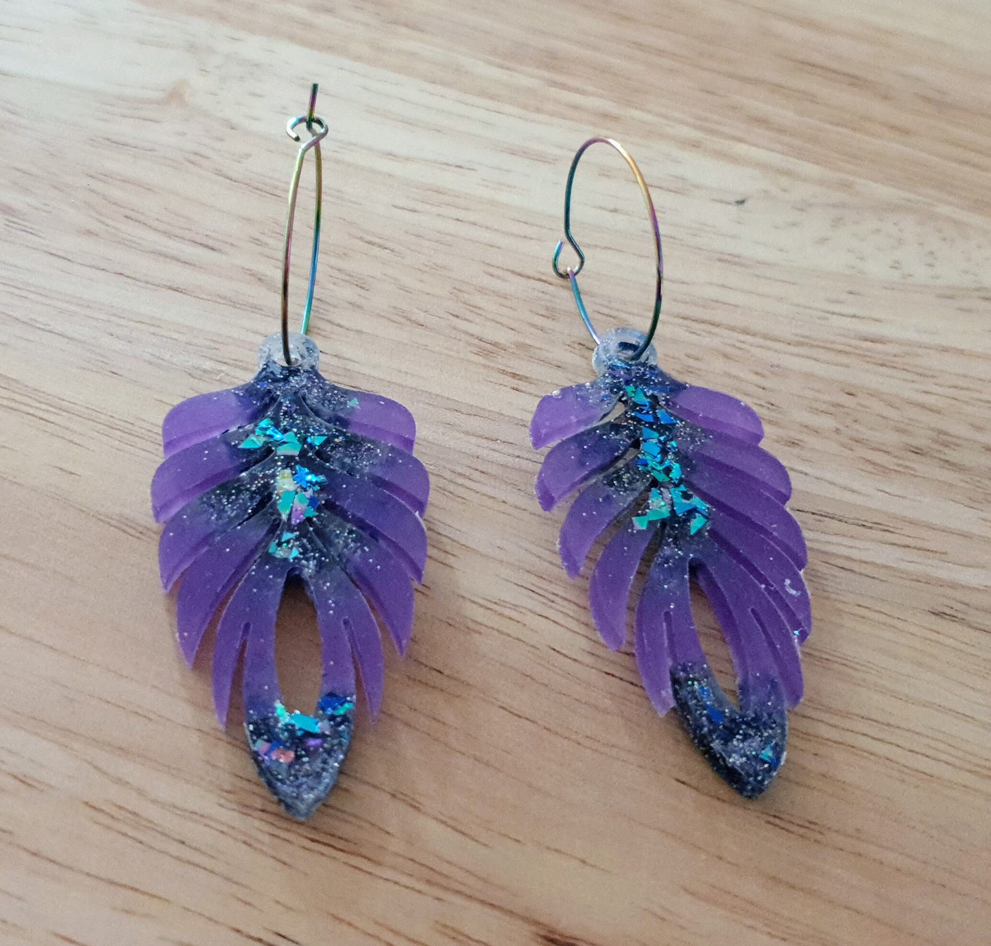 Purple Blue Long Feather Dangle Hoop Earrings, Multicoloured Glitter Resin Dangles, Statement Earrings