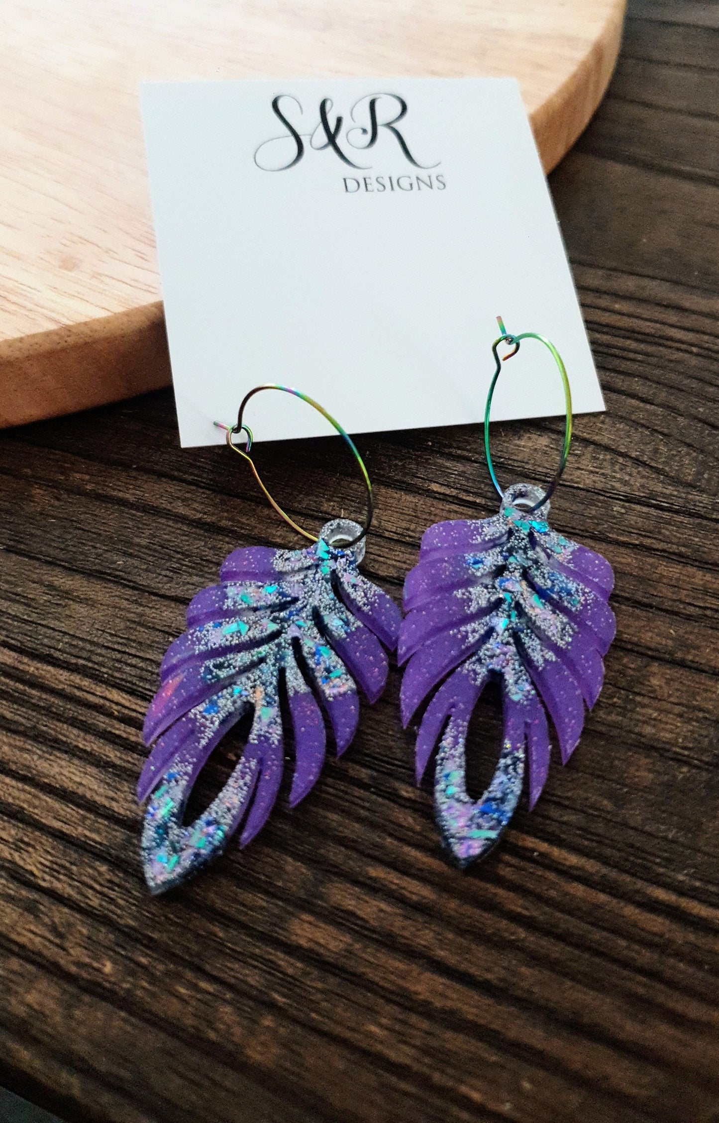 Purple Blue Long Feather Dangle Hoop Earrings, Multicoloured Glitter Resin Dangles, Statement Earrings