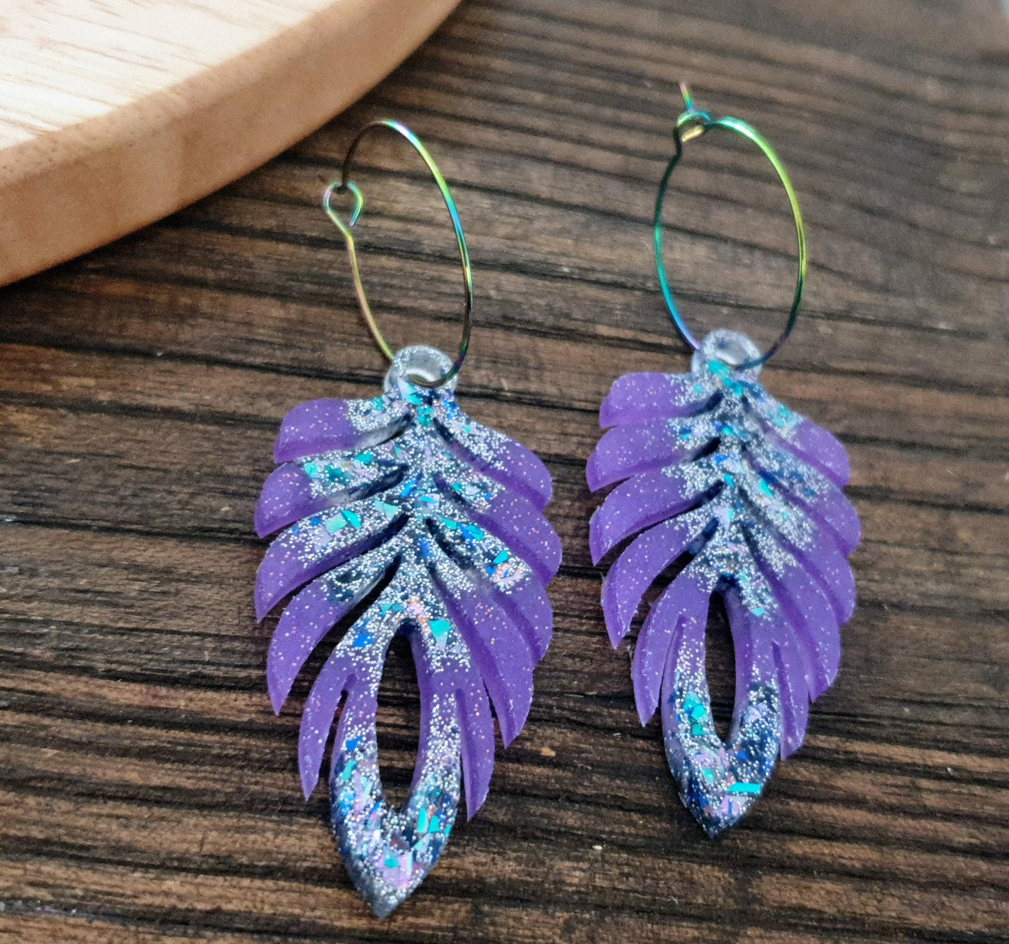 Purple Blue Long Feather Dangle Hoop Earrings, Multicoloured Glitter Resin Dangles, Statement Earrings