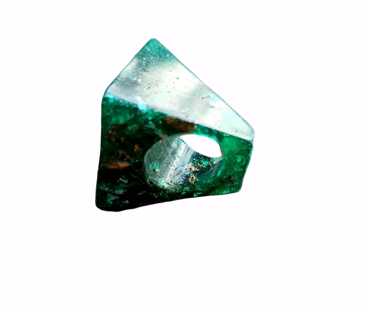 Statement Square Resin Ring, Handmade Size 7 US N AU. Emerald Green Glitter, Rosegold and Silver Leaf Ring