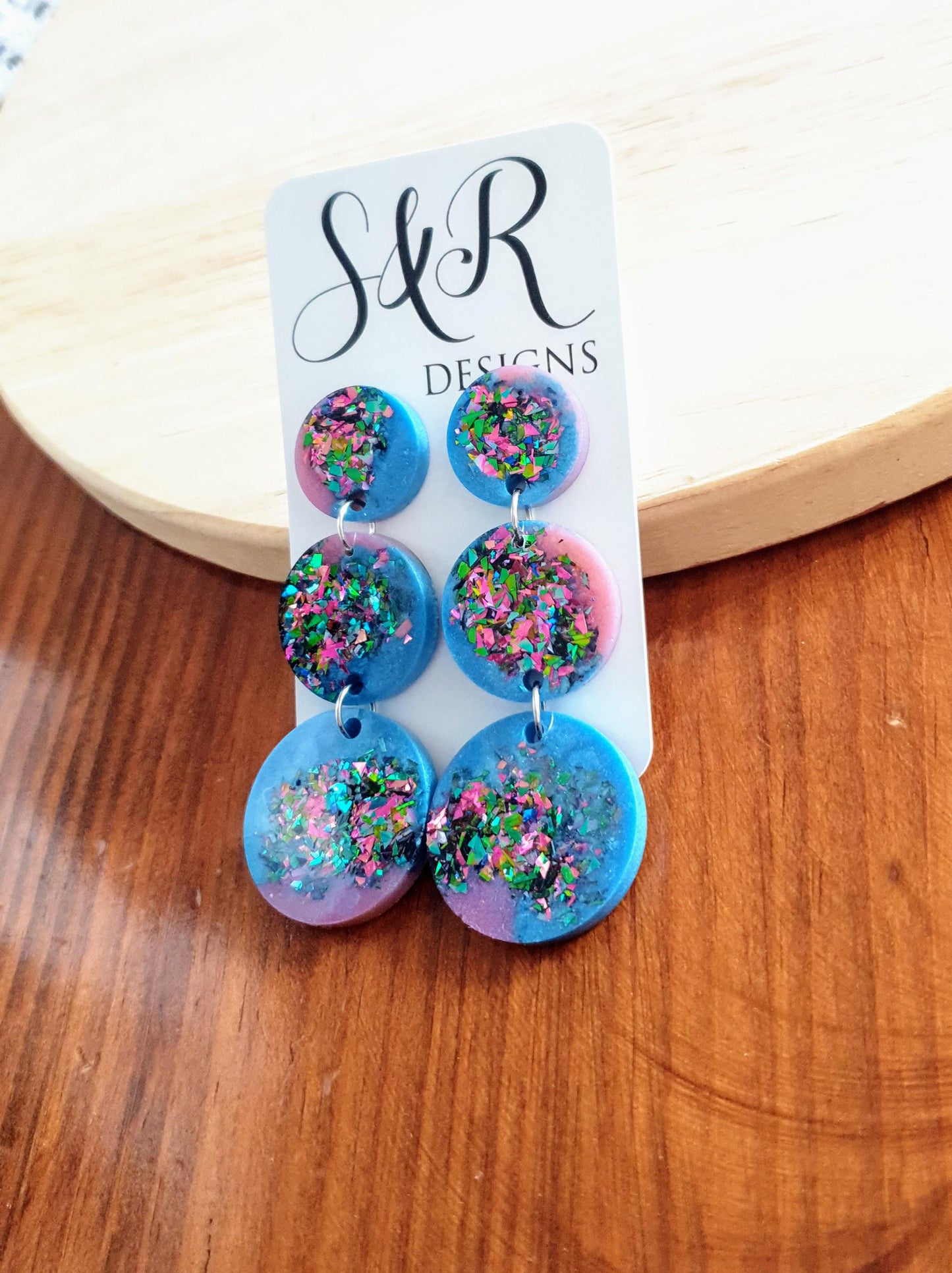 Triple Circle Long Earrings, Blue Pink with a Splash of Metalic Mix Glitter Earrings, Fashionista Earrings, Stainless Steel.