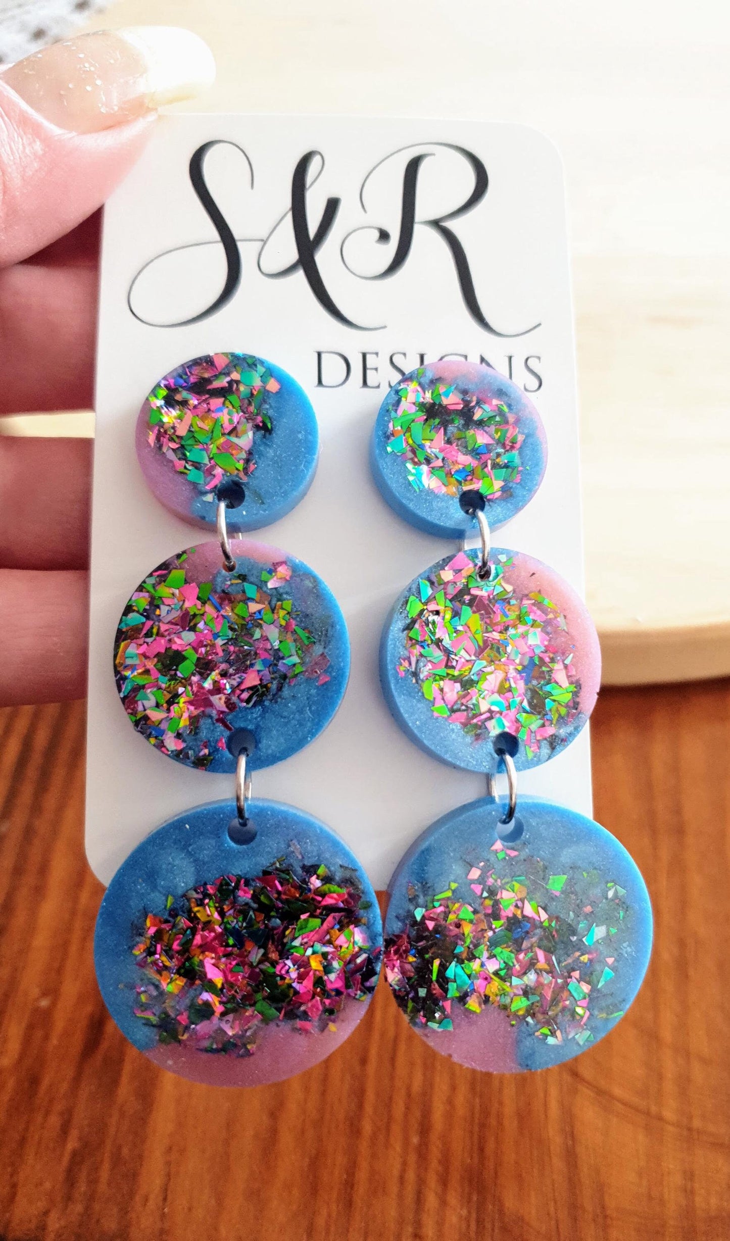 Triple Circle Long Earrings, Blue Pink with a Splash of Metalic Mix Glitter Earrings, Fashionista Earrings, Stainless Steel.