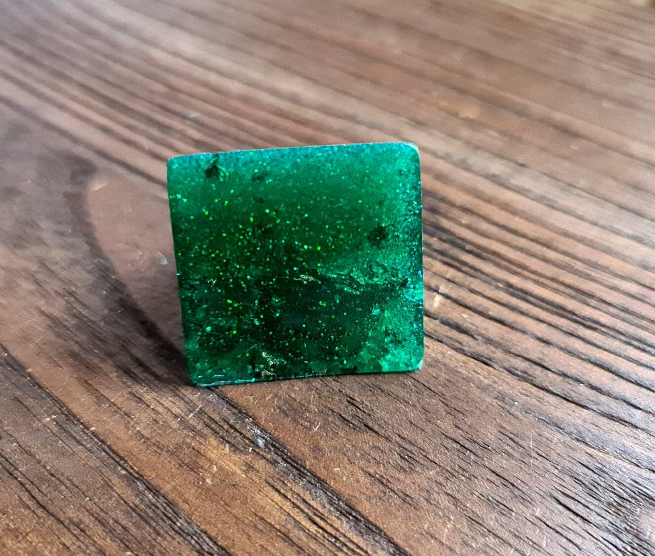 Statement Square Resin Ring, Handmade Size 7 US N AU. Emerald Green Glitter, Rosegold and Silver Leaf Ring