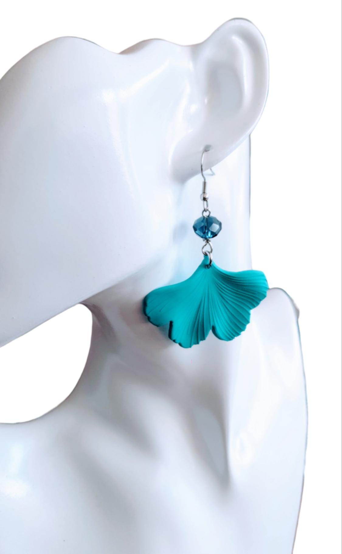 Turquoise Ginkgo Leaves Beaded Dangle Earrings, Blue Sapphire Glass Beaded drop Earrings, Statement Earrings made with Stainless Steel