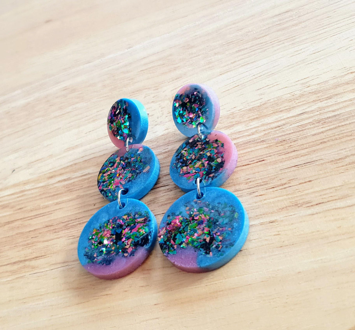 Triple Circle Long Earrings, Blue Pink with a Splash of Metalic Mix Glitter Earrings, Fashionista Earrings, Stainless Steel.