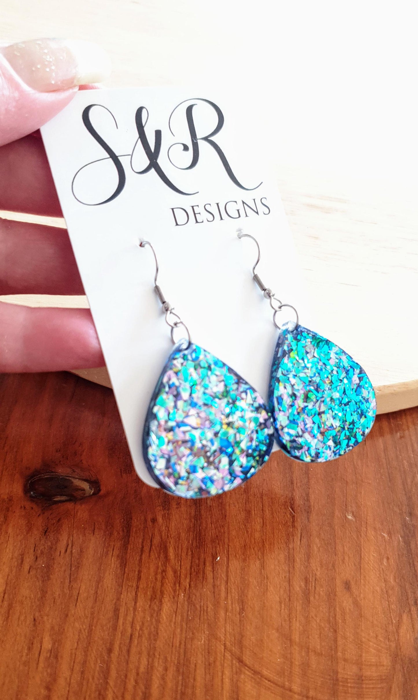 Blue Chameleon Teardrop Earwire Earrings, Glitter Changing from Blues to Pinks, Geometric Dangles, Statement Earrings