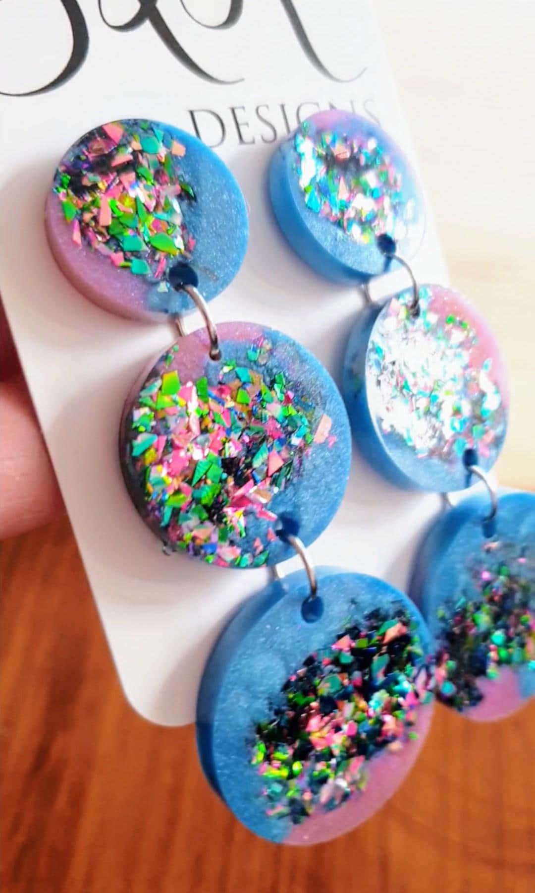 Triple Circle Long Earrings, Blue Pink with a Splash of Metalic Mix Glitter Earrings, Fashionista Earrings, Stainless Steel.