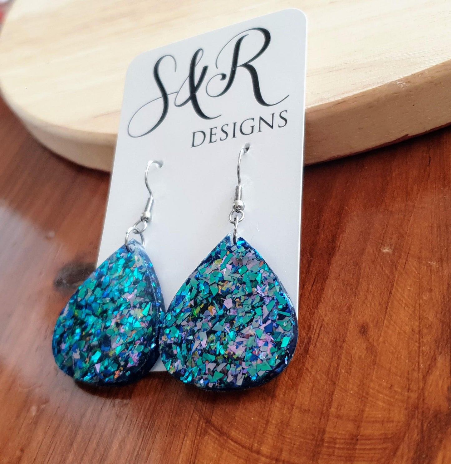 Blue Chameleon Teardrop Earwire Earrings, Glitter Changing from Blues to Pinks, Geometric Dangles, Statement Earrings