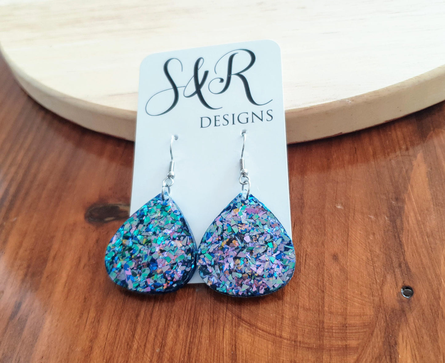 Blue Chameleon Teardrop Earwire Earrings, Glitter Changing from Blues to Pinks, Geometric Dangles, Statement Earrings