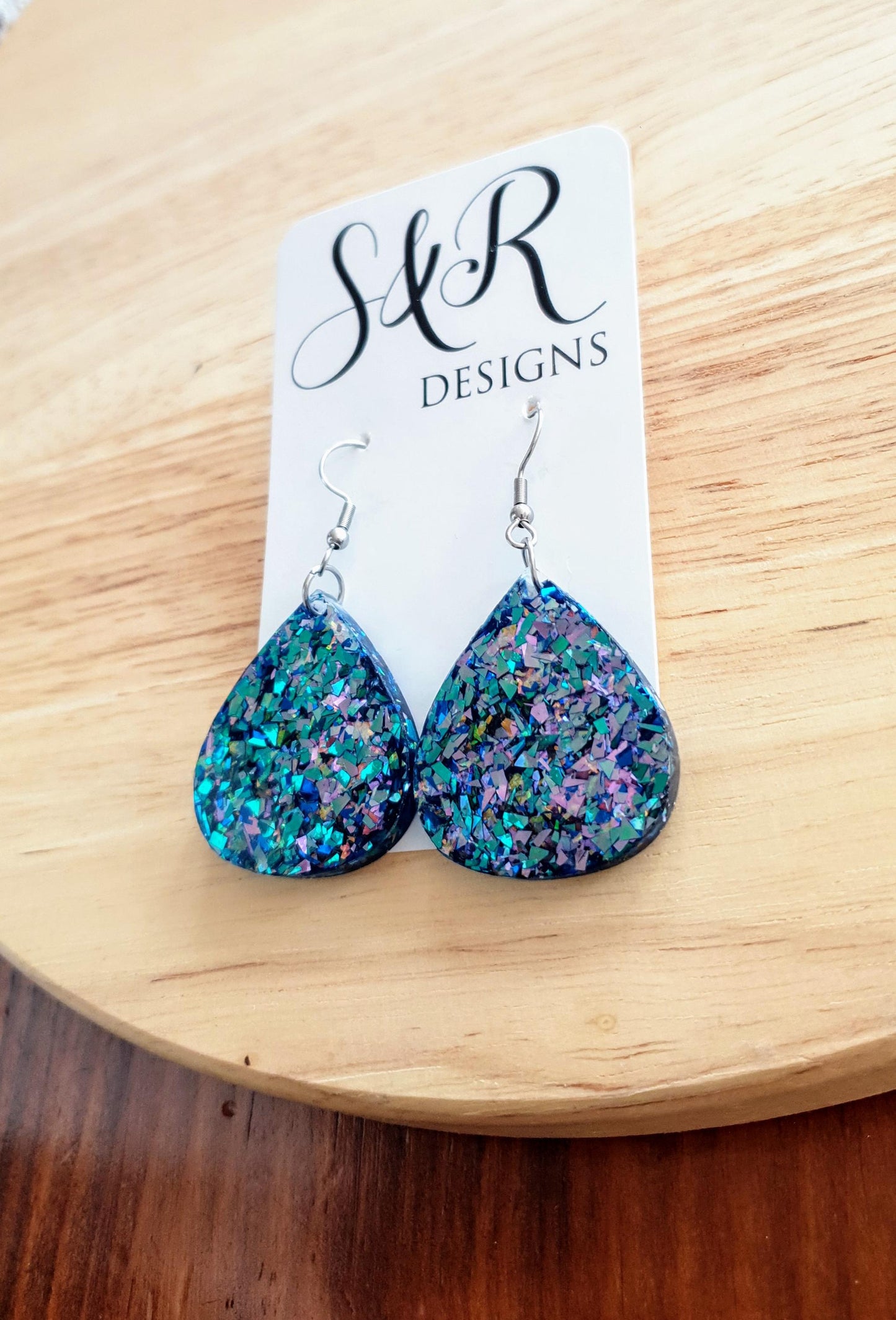 Blue Chameleon Teardrop Earwire Earrings, Glitter Changing from Blues to Pinks, Geometric Dangles, Statement Earrings