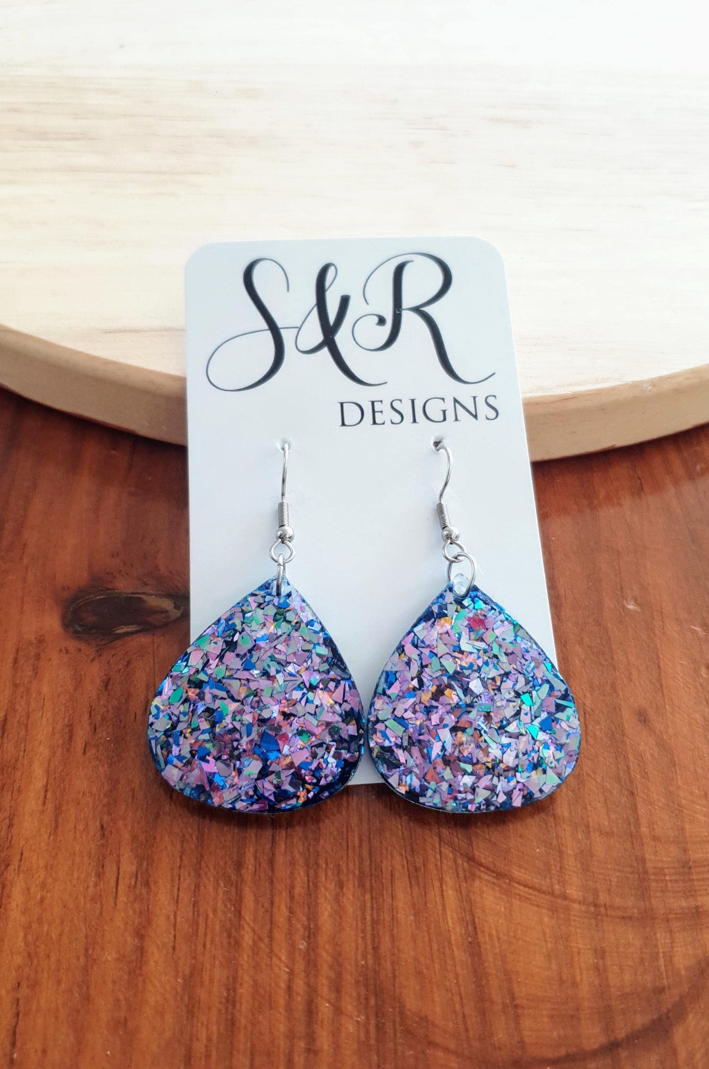 Blue Chameleon Teardrop Earwire Earrings, Glitter Changing from Blues to Pinks, Geometric Dangles, Statement Earrings