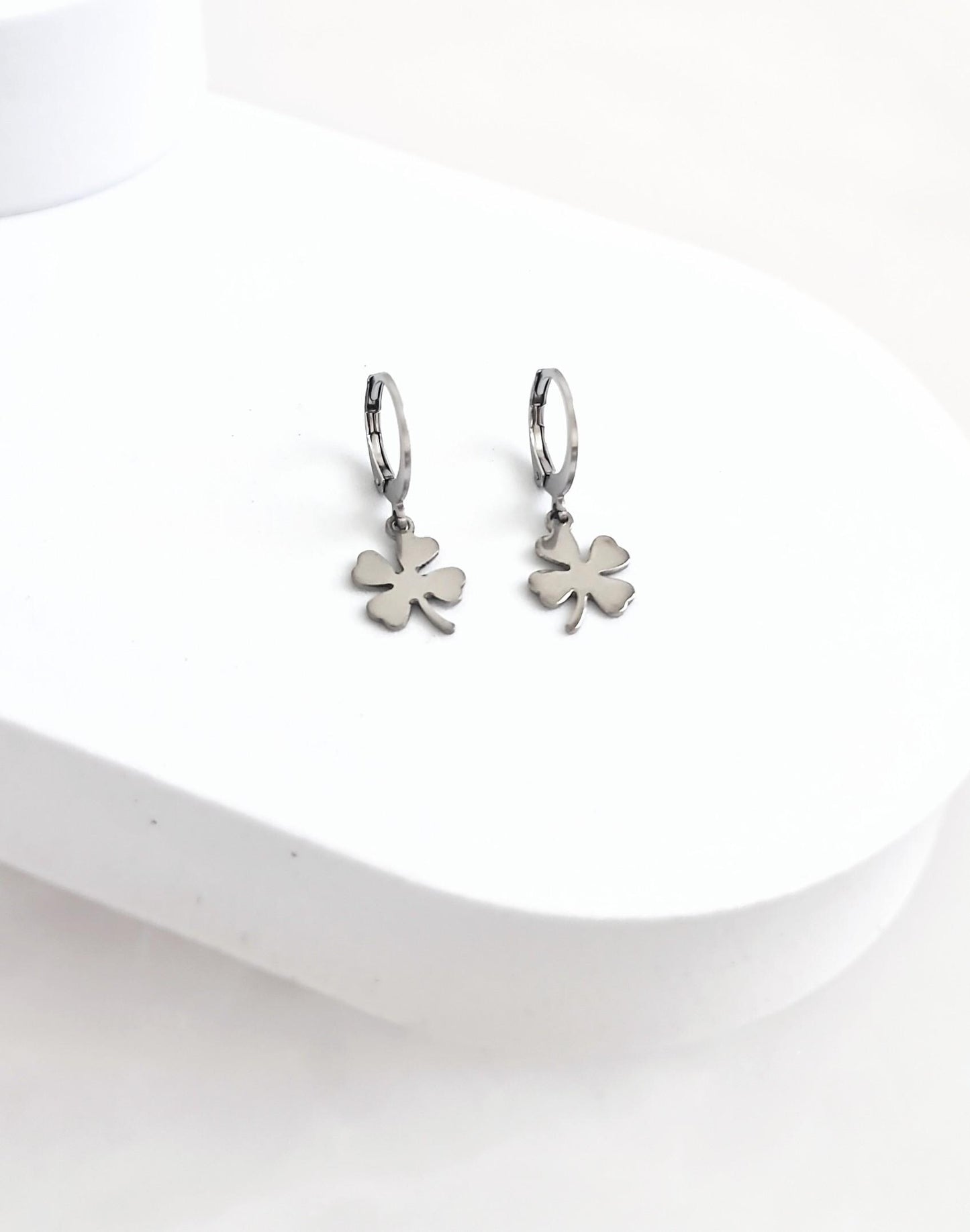 Silver Four Leaf Clover Lucky Earrings, Silver or Gold Stainless Steel Dangle Drops, Choose Leverback, Hoops or Hook Earwire Earrings.