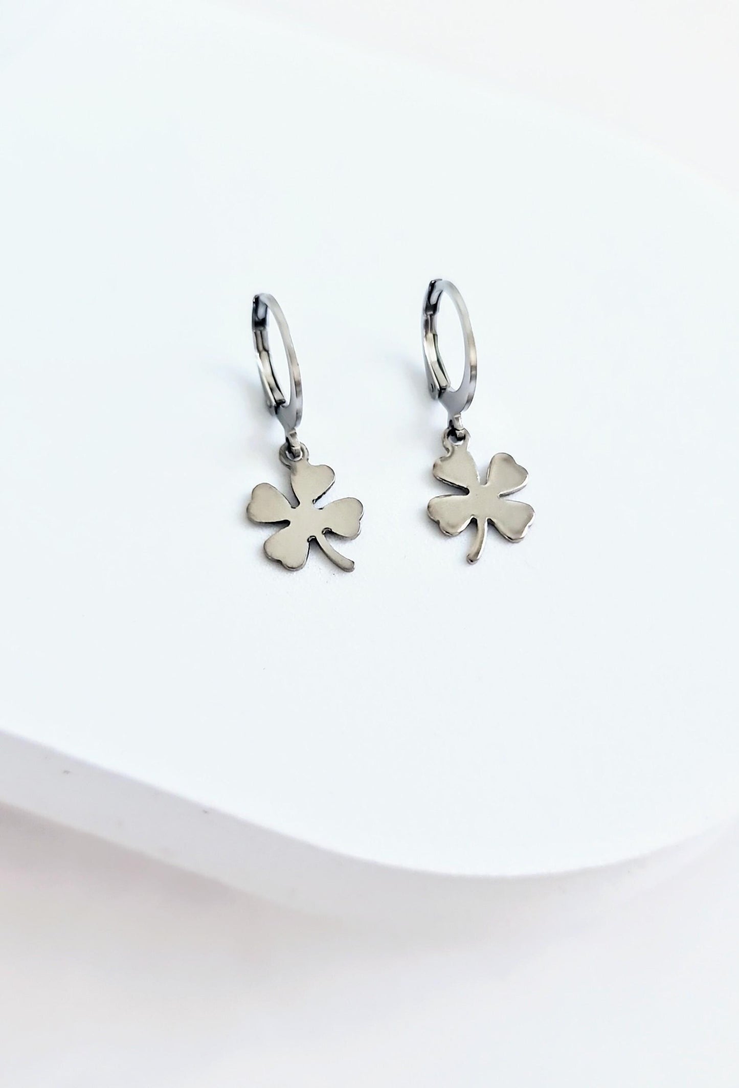 Silver Four Leaf Clover Lucky Earrings, Silver or Gold Stainless Steel Dangle Drops, Choose Leverback, Hoops or Hook Earwire Earrings.