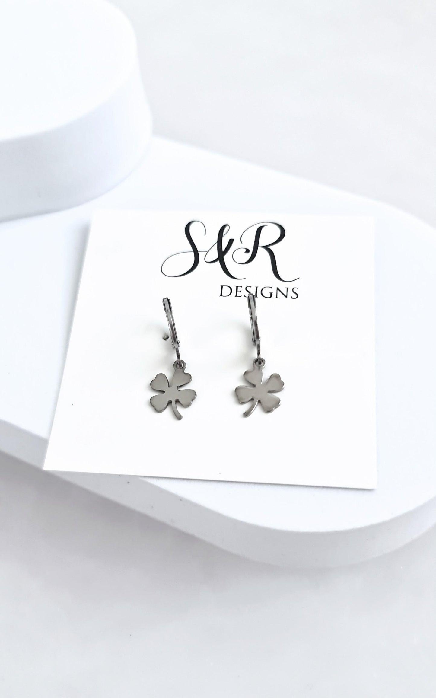 Silver Four Leaf Clover Lucky Earrings, Silver or Gold Stainless Steel Dangle Drops, Choose Leverback, Hoops or Hook Earwire Earrings.