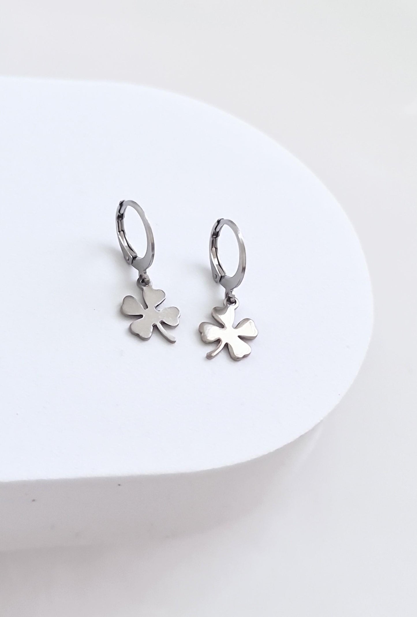 Silver Four Leaf Clover Lucky Earrings, Silver or Gold Stainless Steel Dangle Drops, Choose Leverback, Hoops or Hook Earwire Earrings.