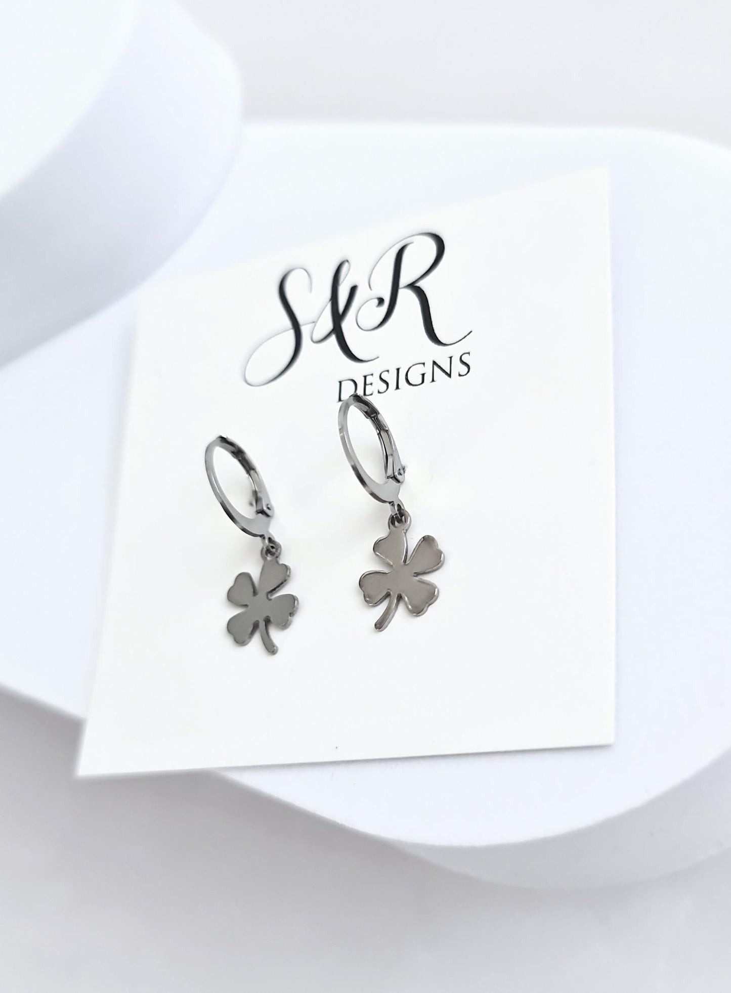 Silver Four Leaf Clover Lucky Earrings, Silver or Gold Stainless Steel Dangle Drops, Choose Leverback, Hoops or Hook Earwire Earrings.