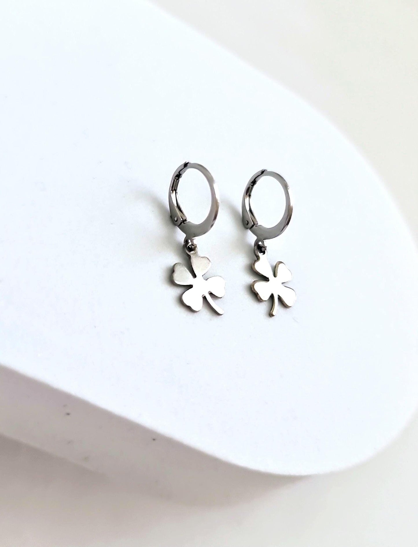 Silver Four Leaf Clover Lucky Earrings, Silver or Gold Stainless Steel Dangle Drops, Choose Leverback, Hoops or Hook Earwire Earrings.