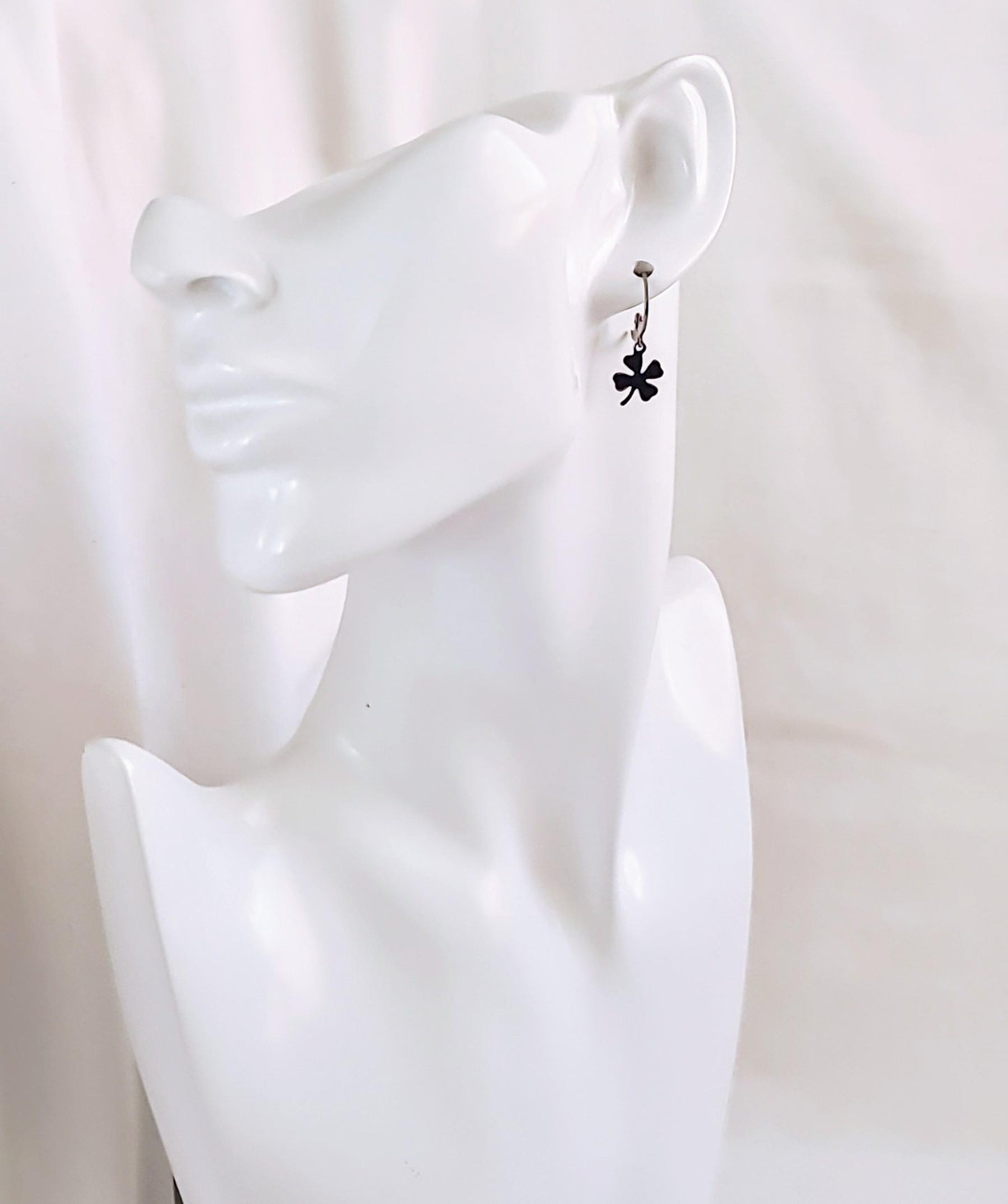 Silver Four Leaf Clover Lucky Earrings, Silver or Gold Stainless Steel Dangle Drops, Choose Leverback, Hoops or Hook Earwire Earrings.