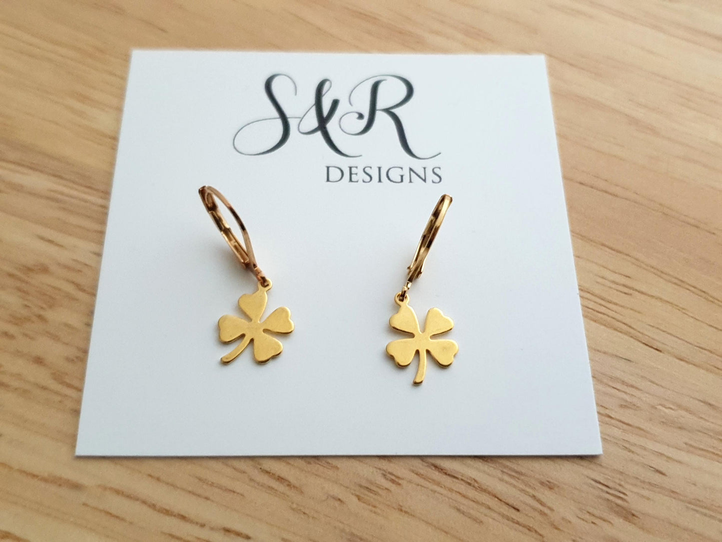 Four Leaf Clover Lucky Earrings, Gold or Silver Stainless Steel Dangle Drops, Choose Leverback, Hoops or Hook Earwire Earrings.