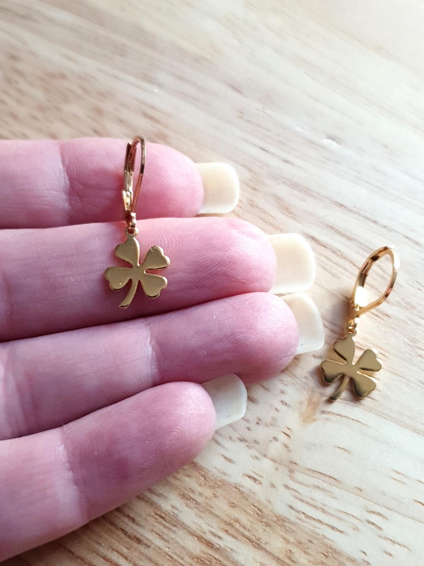 Four Leaf Clover Lucky Earrings, Gold or Silver Stainless Steel Dangle Drops, Choose Leverback, Hoops or Hook Earwire Earrings.