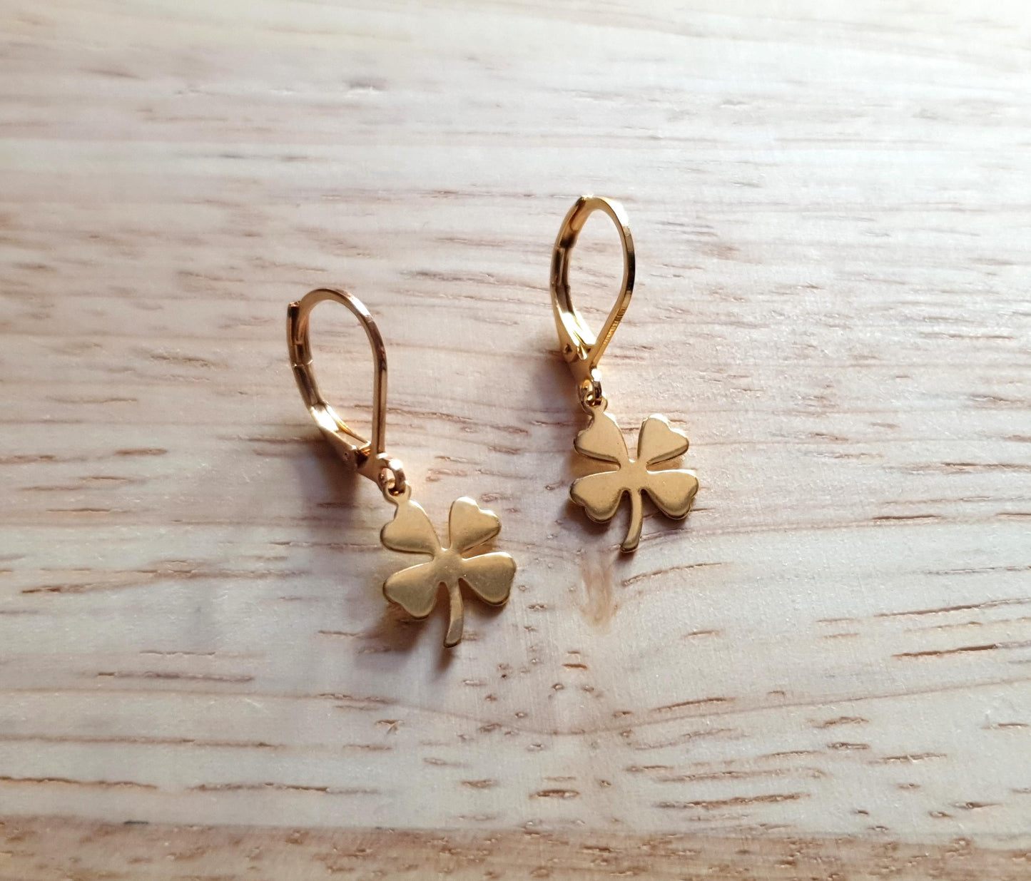 Four Leaf Clover Lucky Earrings, Gold or Silver Stainless Steel Dangle Drops, Choose Leverback, Hoops or Hook Earwire Earrings.