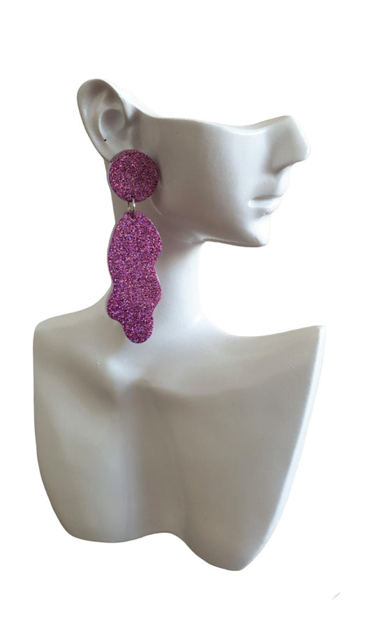 Pricilla Pink Wave Liquid Shape Dangle Drop Earrings, Vibrant Pink Fine Glitter, Statement Handmade Resin Earrings