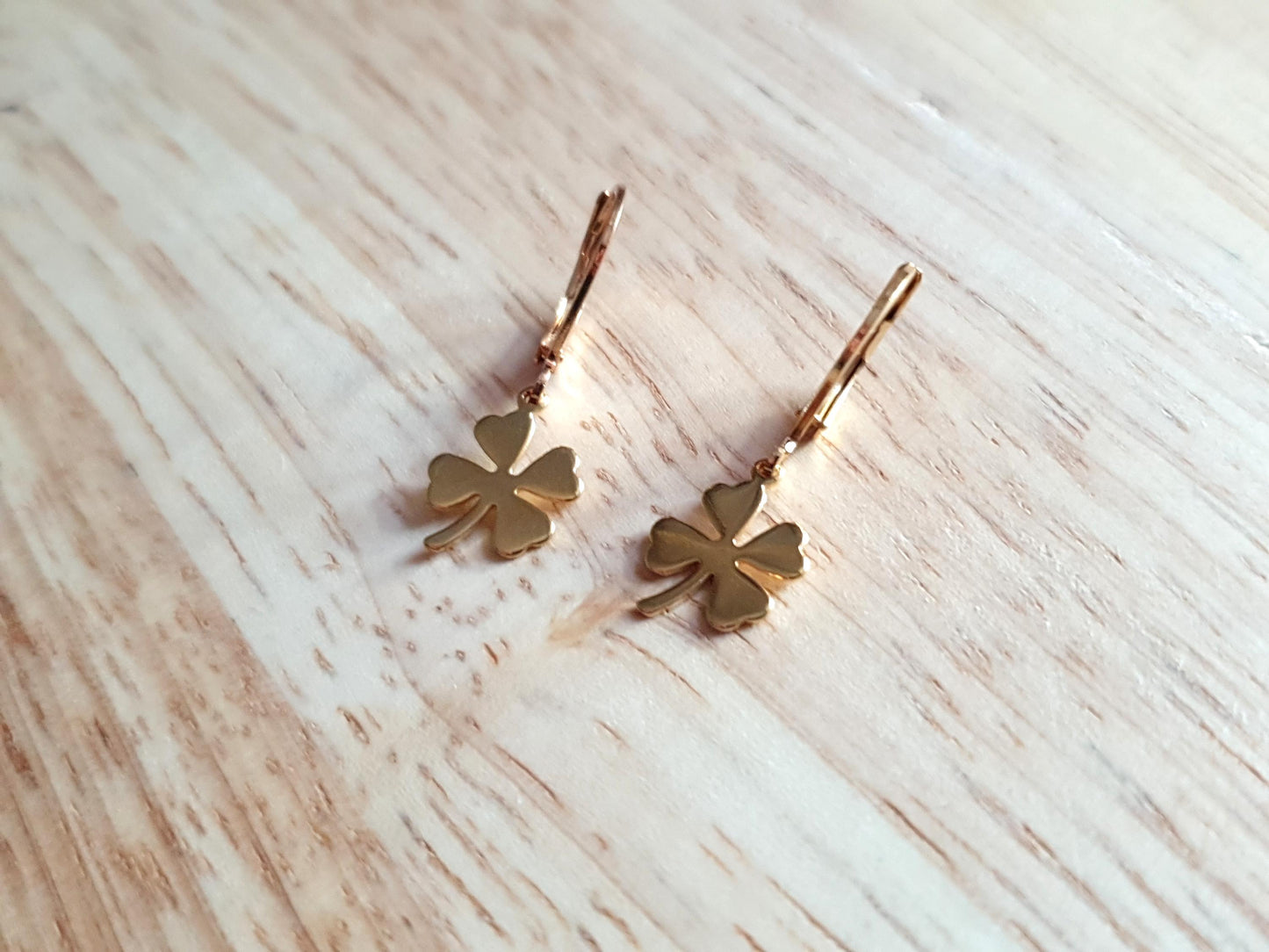 Four Leaf Clover Lucky Earrings, Gold or Silver Stainless Steel Dangle Drops, Choose Leverback, Hoops or Hook Earwire Earrings.