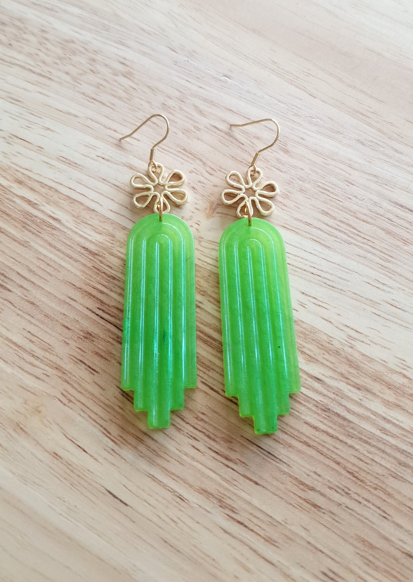 Gold Daisy Flower and Lime Green Dangle Drop Hook Earrings, Statement Handmade Resin Stainless Steel Earwire Dangles.