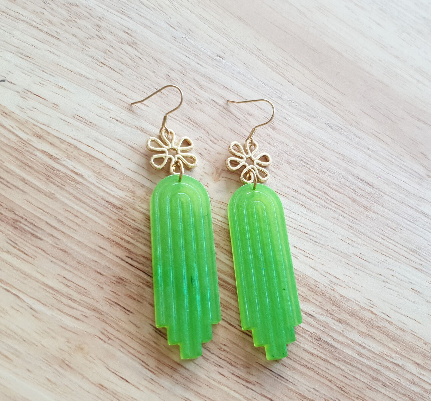 Gold Daisy Flower and Lime Green Dangle Drop Hook Earrings, Statement Handmade Resin Stainless Steel Earwire Dangles.