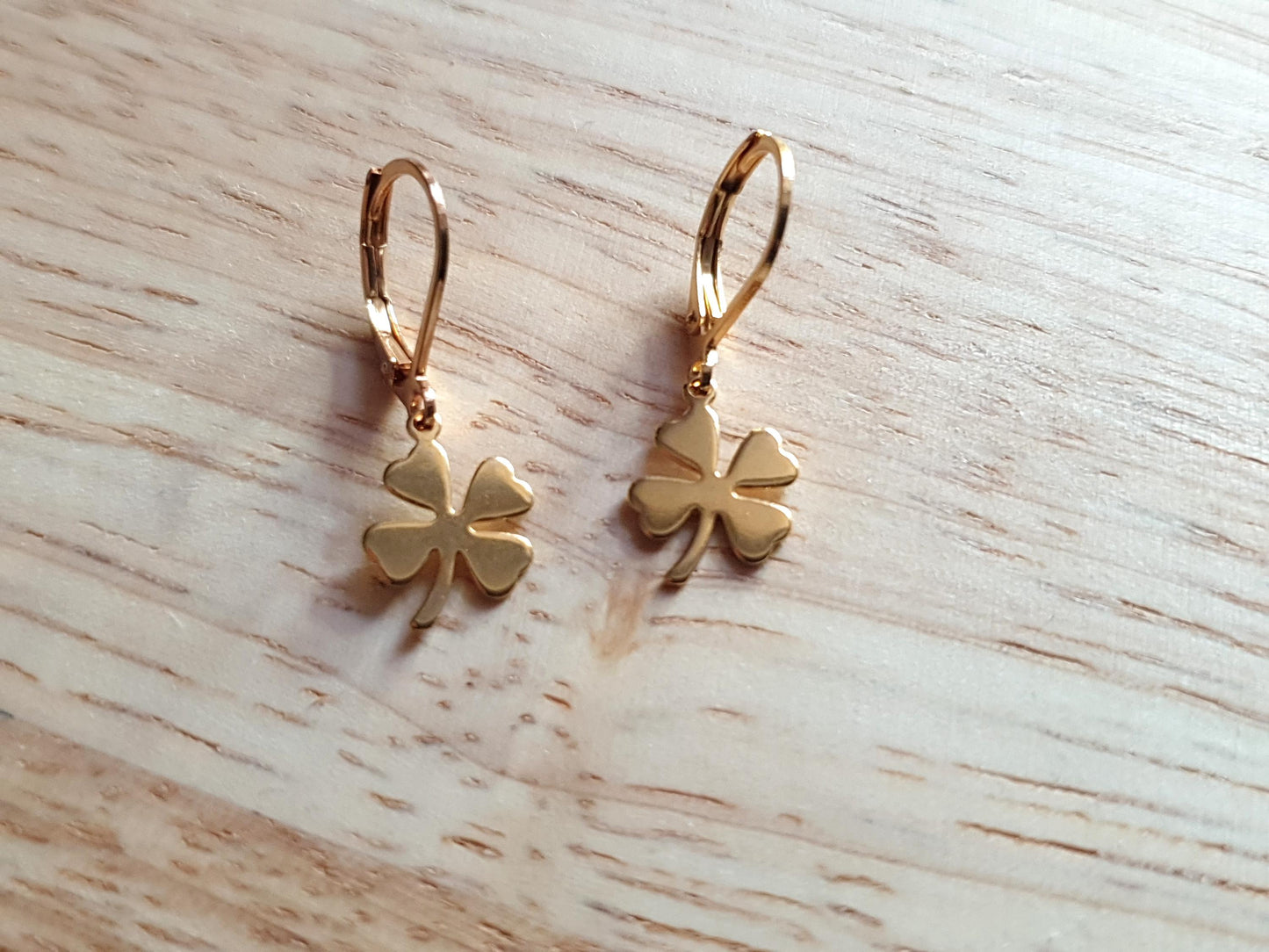Four Leaf Clover Lucky Earrings, Gold or Silver Stainless Steel Dangle Drops, Choose Leverback, Hoops or Hook Earwire Earrings.