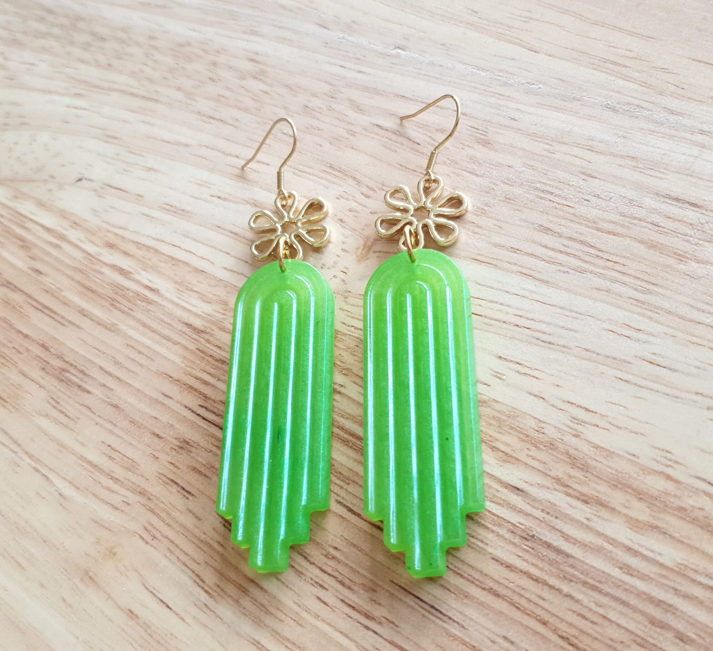 Gold Daisy Flower and Lime Green Dangle Drop Hook Earrings, Statement Handmade Resin Stainless Steel Earwire Dangles.