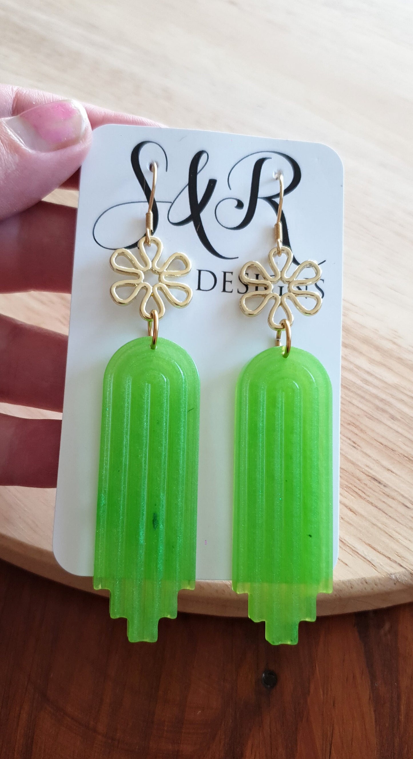 Gold Daisy Flower and Lime Green Dangle Drop Hook Earrings, Statement Handmade Resin Stainless Steel Earwire Dangles.