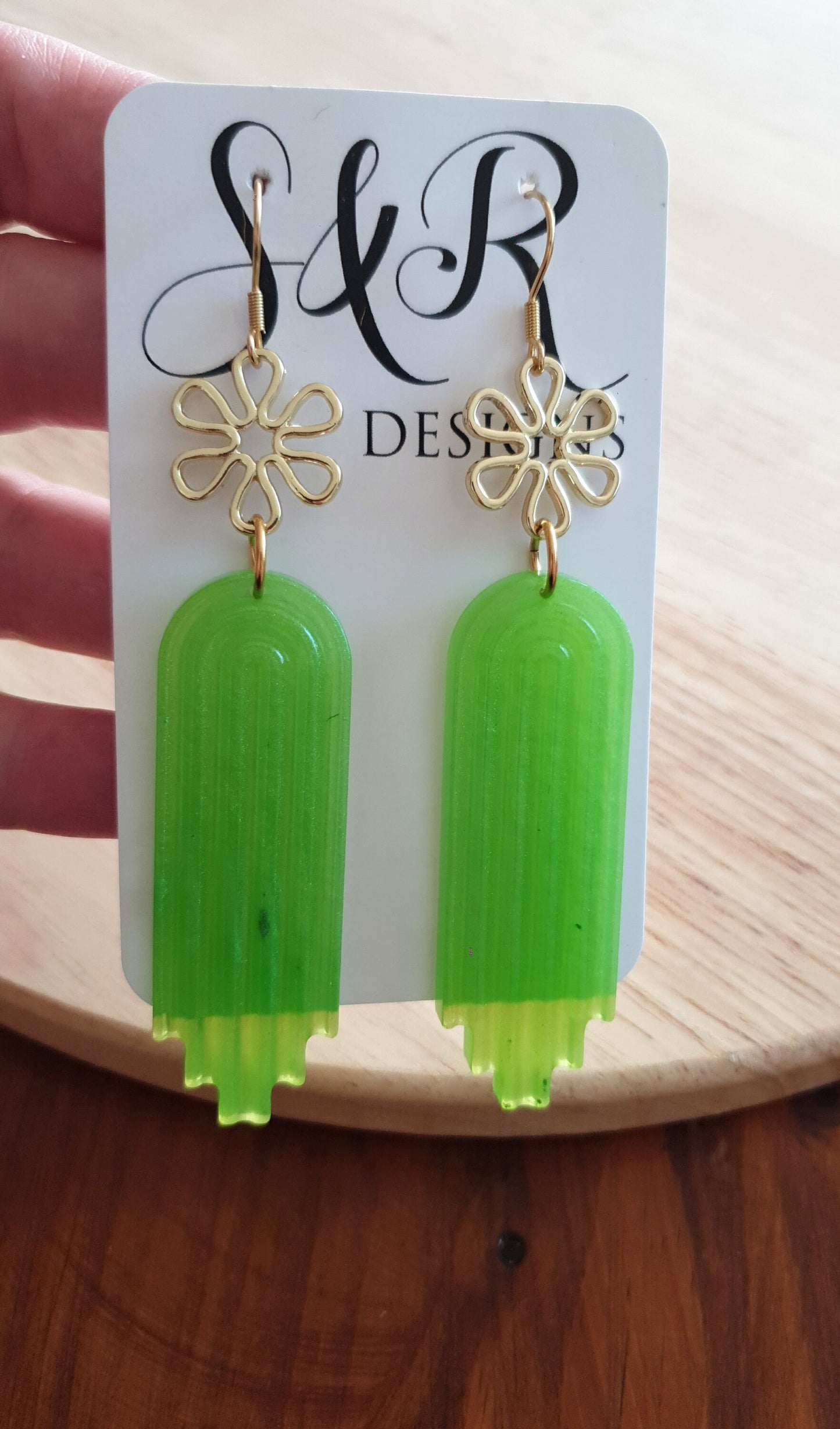 Gold Daisy Flower and Lime Green Dangle Drop Hook Earrings, Statement Handmade Resin Stainless Steel Earwire Dangles.