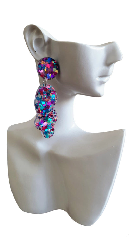Multicoloured Wave Liquid Shape Dangle Drop Earrings, Metalic Blue, Pink, Purple, Orange, Red Mix Glitter, Statement Handmade Resin Earrings