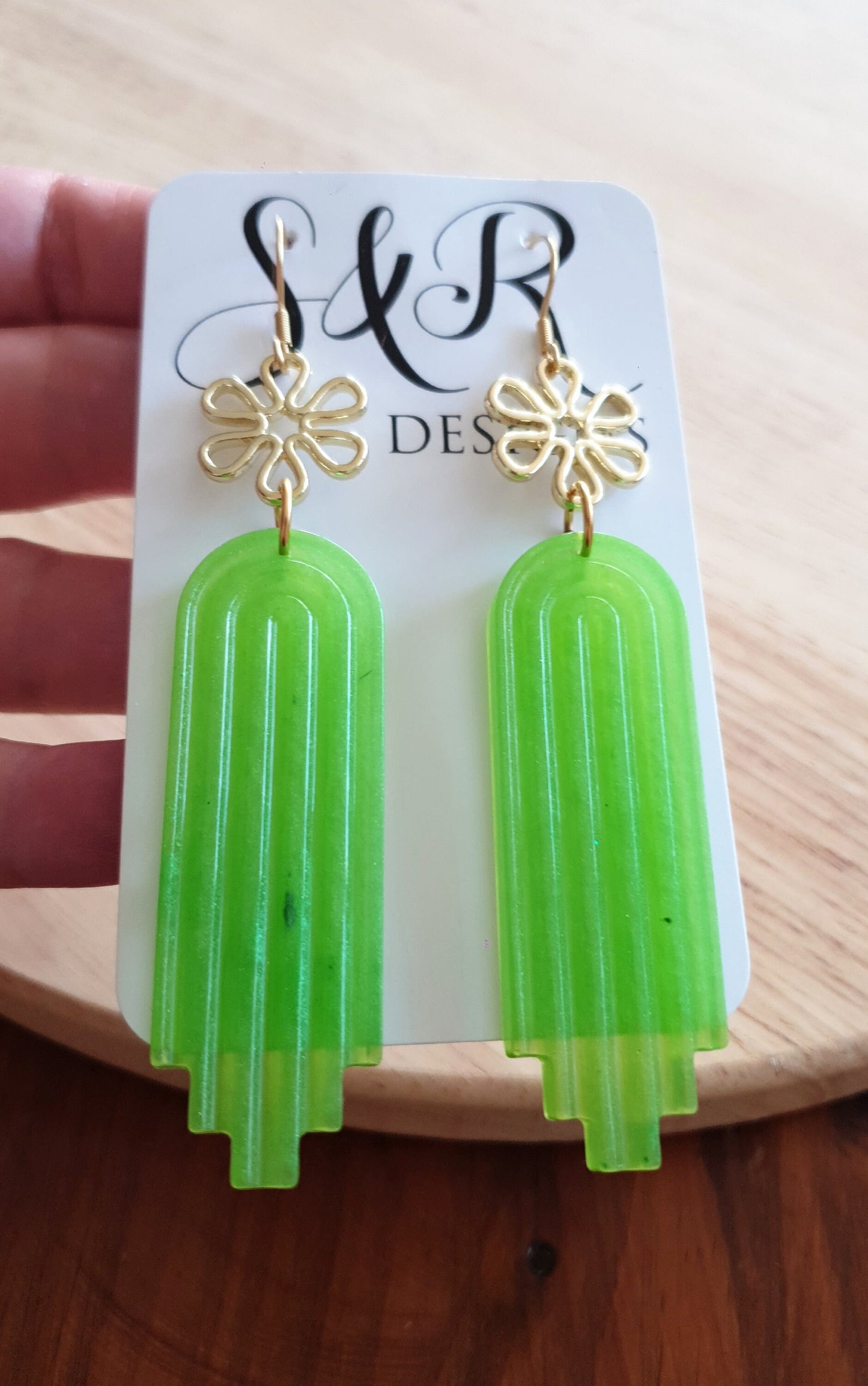 Gold Daisy Flower and Lime Green Dangle Drop Hook Earrings, Statement Handmade Resin Stainless Steel Earwire Dangles.