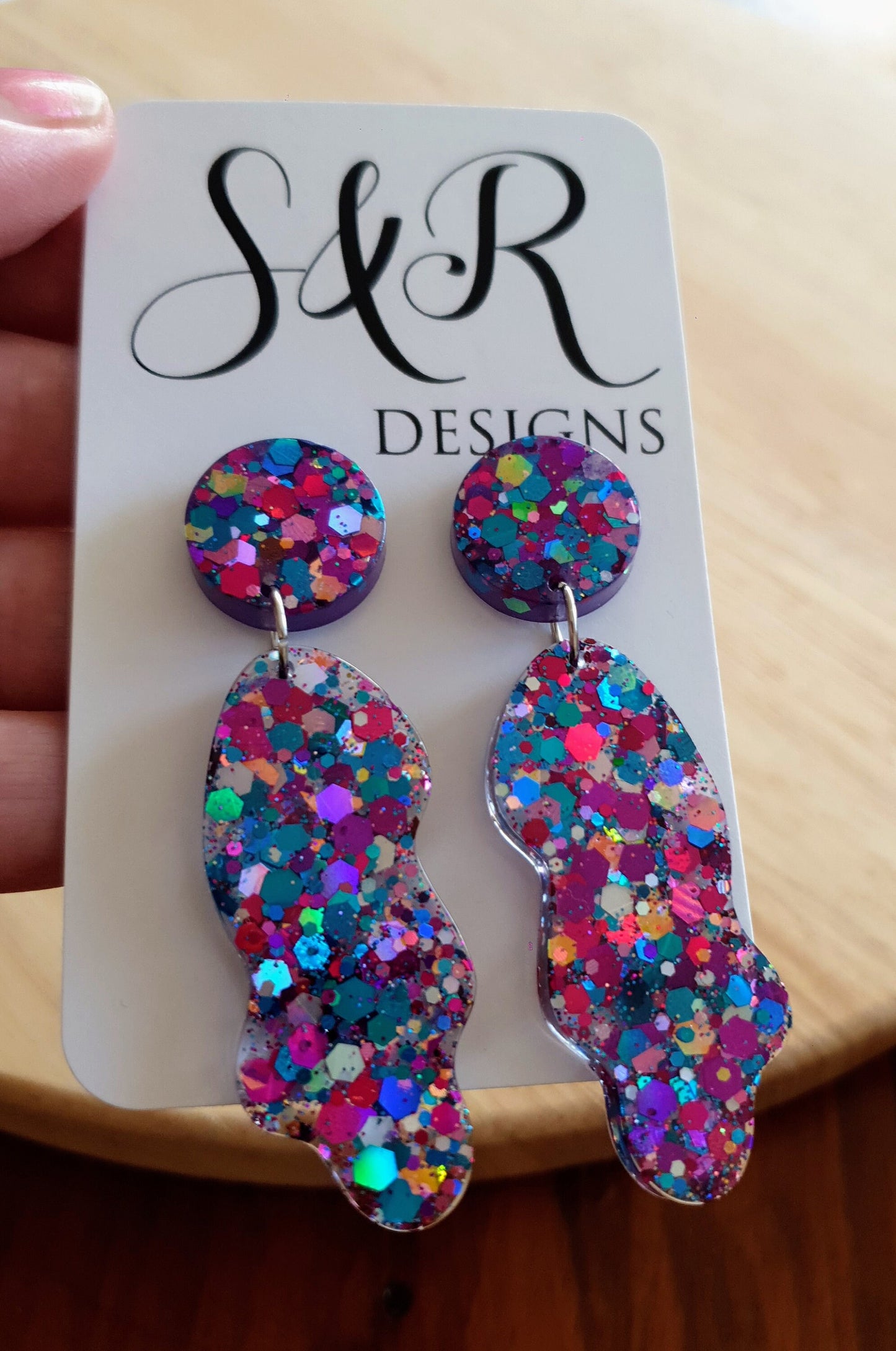 Multicoloured Wave Liquid Shape Dangle Drop Earrings, Metalic Blue, Pink, Purple, Orange, Red Mix Glitter, Statement Handmade Resin Earrings