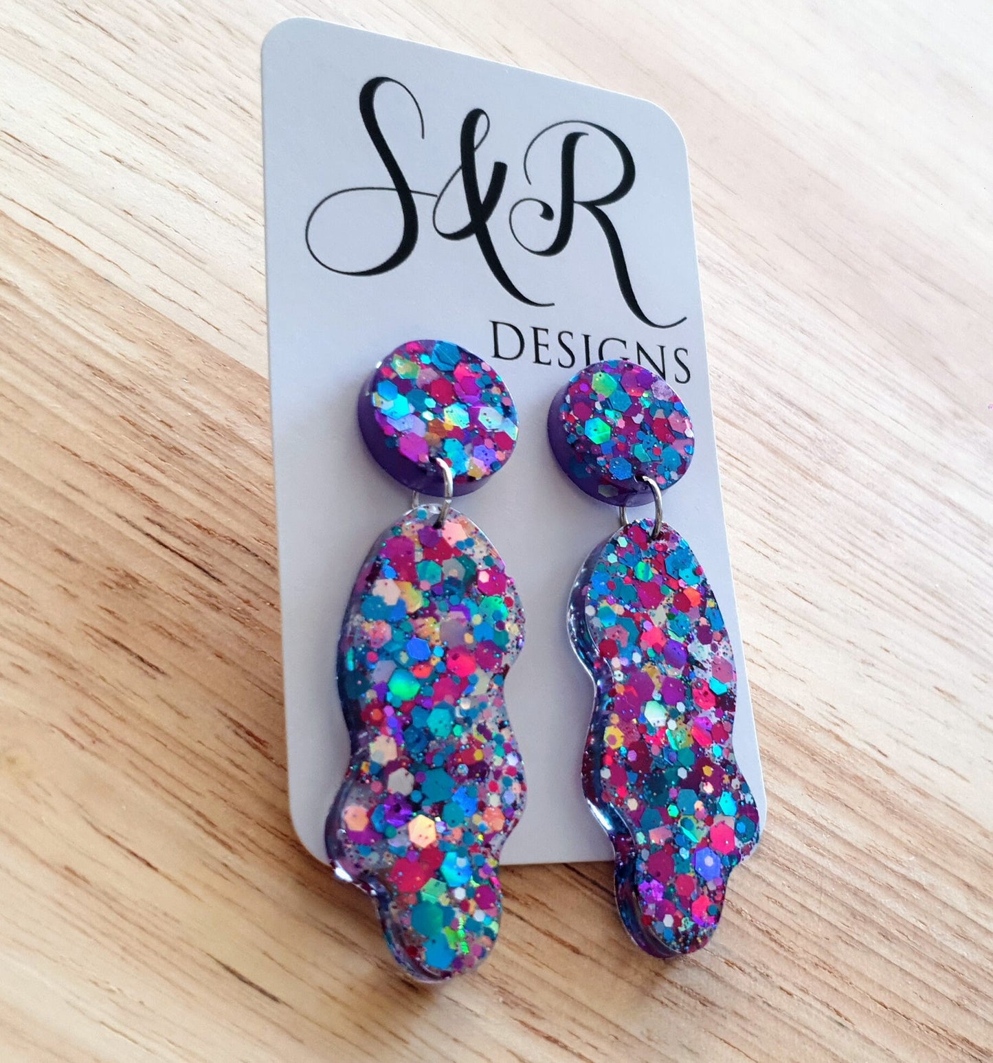 Multicoloured Wave Liquid Shape Dangle Drop Earrings, Metalic Blue, Pink, Purple, Orange, Red Mix Glitter, Statement Handmade Resin Earrings