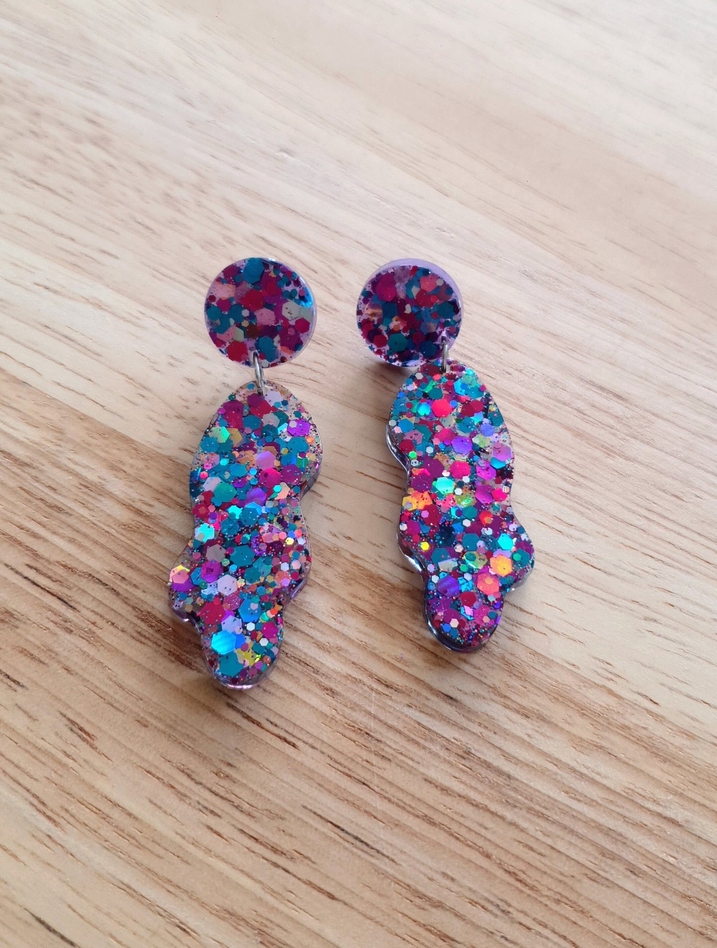 Multicoloured Wave Liquid Shape Dangle Drop Earrings, Metalic Blue, Pink, Purple, Orange, Red Mix Glitter, Statement Handmade Resin Earrings
