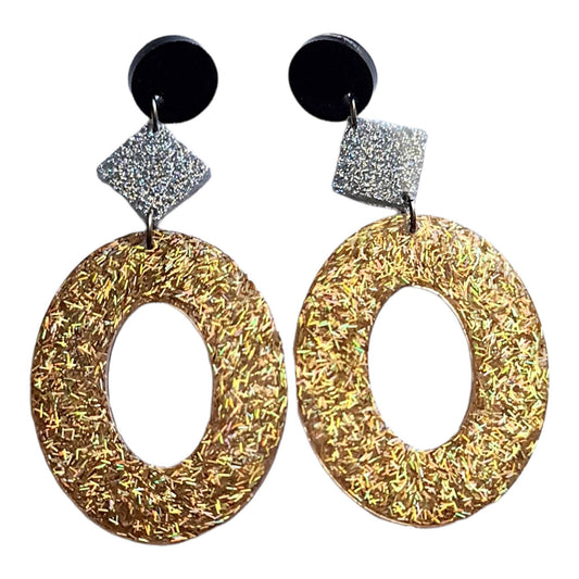 Oversized Oval Earrings Long Dangle, Black, Silver and Gold Resin Dangle Statement Earrings, Bridal,  Bridesmaid, Evening Wear, Lightweight