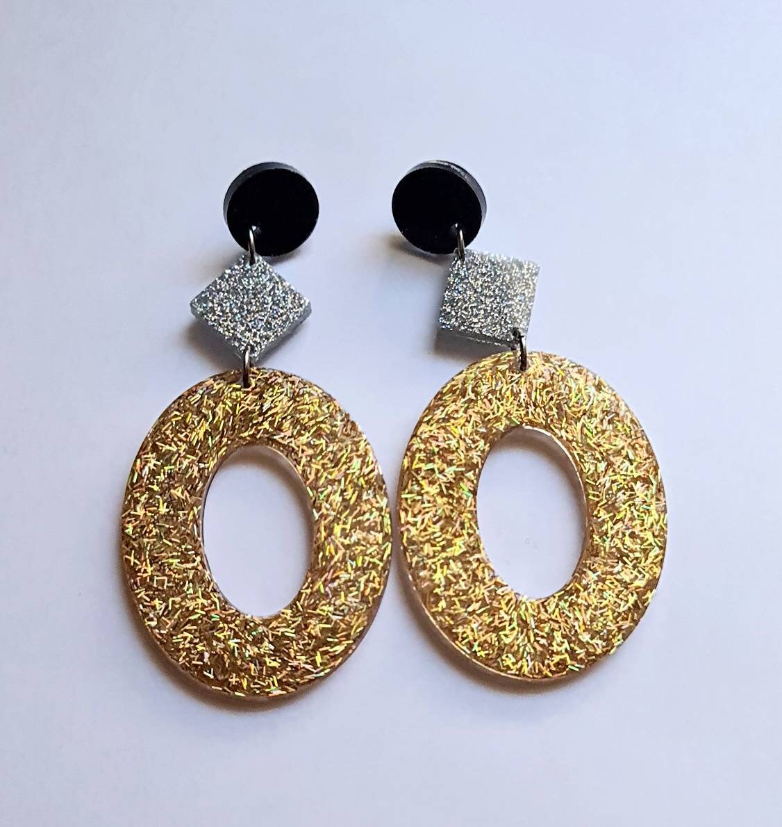 Oversized Oval Earrings Long Dangle, Black, Silver and Gold Resin Dangle Statement Earrings, Bridal,  Bridesmaid, Evening Wear, Lightweight