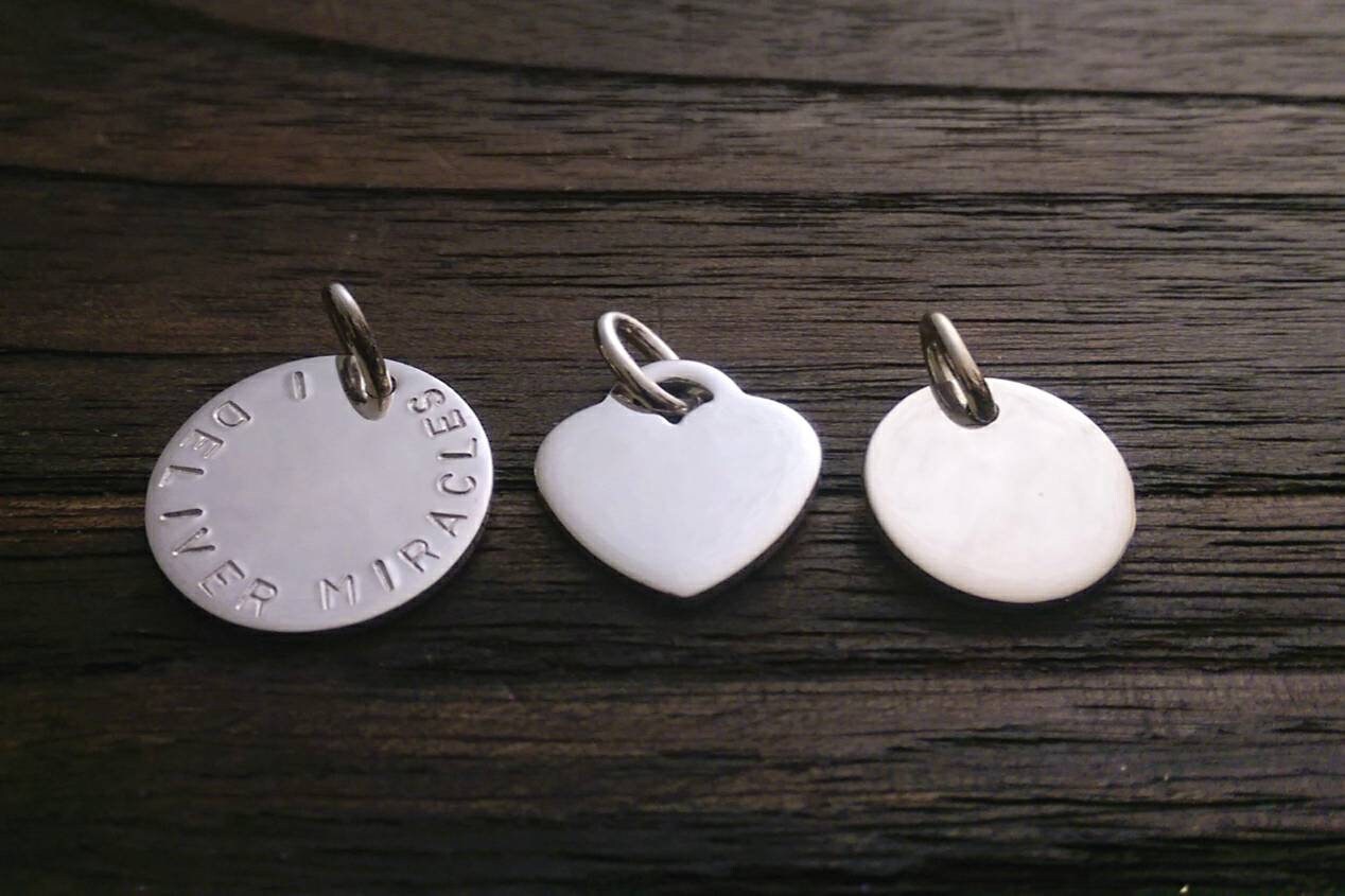 Sterling Silver Personalised Hand Stamped Name Pendant Circle 20mm or 15mm, Star or Heart Design