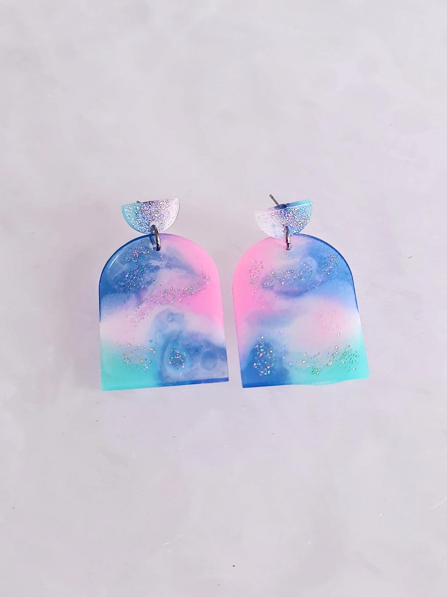 Statement Pastel Earrings, Arch Dangle Drop Hook Earrings, Blue, Teal, Pink and White Glitter Resin Handmade